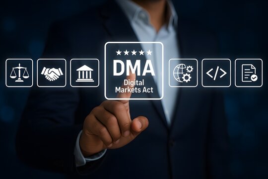 Person touches a glowing "digital markets act" (dma) icon, surrounded by legal and digital industry symbols, highlighting new regulations.