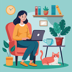 Vector illustration of a woman working from home on her laptop with a relaxed cat resting on her lap, symbolizing comfort and productivity
