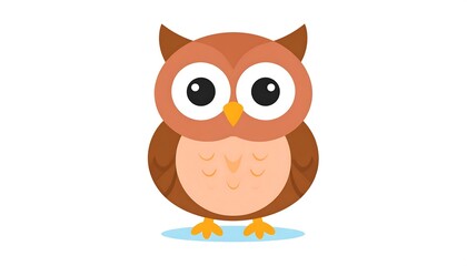 Fototapeta premium A cute, cartoon-style owl with big, expressive eyes. It is brown, tan, and white, with a small beak and yellow feet. It is standing
