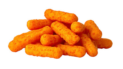 Crunchy cheese puff snack, bright orange color, crispy texture, delicious and savory, isolated on transparency background, popular junk food, fun and playful treat