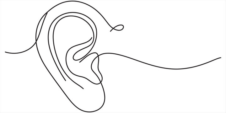 Continuous line art illustration of a human ear with a wavy line representing sound waves Vector, illustration