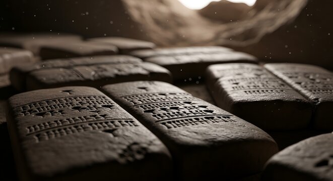 Ancient cuneiform tablets scattered in library ruins in Iraq with dusty light