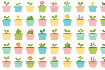 Colorful plant pots arranged in a neat pattern showing different types of plants in a bright setting