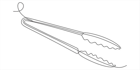 Continuous line drawing of a pair of metal kitchen tongs for cooking and serving food Vector, illustration