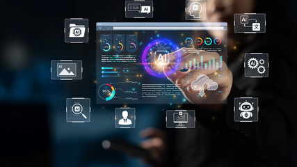 Fototapeta premium AI analytics turns data into insight for business planning, reporting, and decision support. Use AI analytics to monitor performance, automate analysis, and guide strategy. Corpus