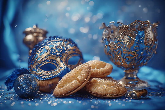 Hamantaschen cookies or hamans ears,noisemaker and mask for Purim celebration (jewish holiday) 