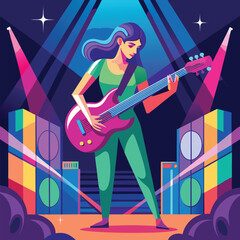 Energetic woman passionately playing an electric guitar on a vibrant stage, bathed in colorful spotlights, embodying rock music and live performance