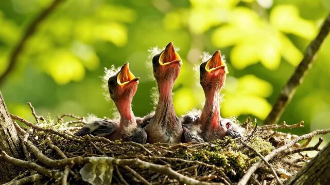 Cuckoo chicks are chirping in the nest, waiting for their mother cuckoo.