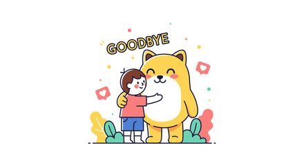 Obraz premium Joyful Farewell Hug Between Child And Cute Cartoon Dog With Goodbye Message