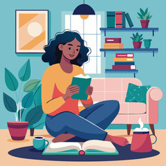 Relaxed woman with coffee and book in a warm, cozy setting, illustration of quiet enjoyment.