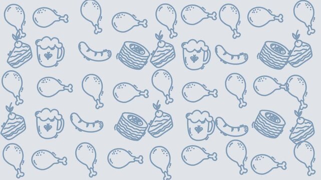 Seamless hand drawn food icon pattern with chicken drumsticks sausages ham and beer mugs in blue tone ideal for packaging backgrounds menus and culinary branding.