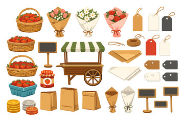 Strawberry cart with baskets of strawberries and flower bundles in a market setting during the day