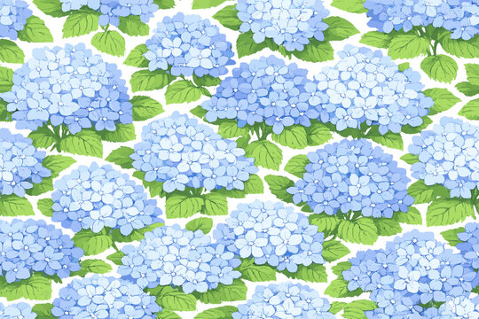 Blue hydrangea pattern on a white background with green leaves in a repeated design suitable for fabric or wallpaper