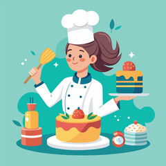 Skilled woman chef meticulously decorating a cake with fine detail, professional baking illustration.