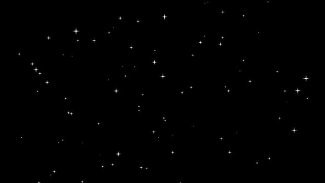 Twinkling stars glow on deep black background with shimmering starburst light, pulsing white star fields and luxury night sky glitter animation in stunning 4K resolution