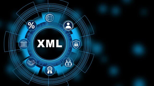 Digital XML data integration interface with structured information exchange and software system connectivity, futuristic XML technology animation background 4k