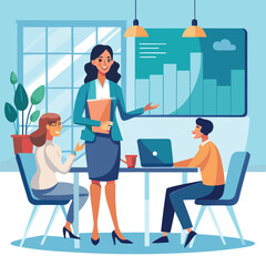 Confident woman CEO presenting in a modern office, illustration of business leadership and corporate success.