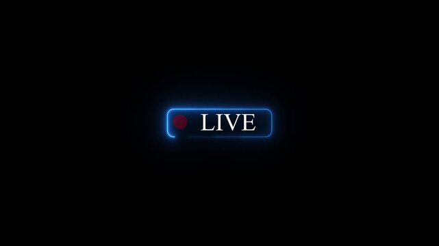 Live streaming frame text icon animation glowing neon blue color font letter word template for streamers with play pause and circle rectangle with live show sign symbol.4k animation 
