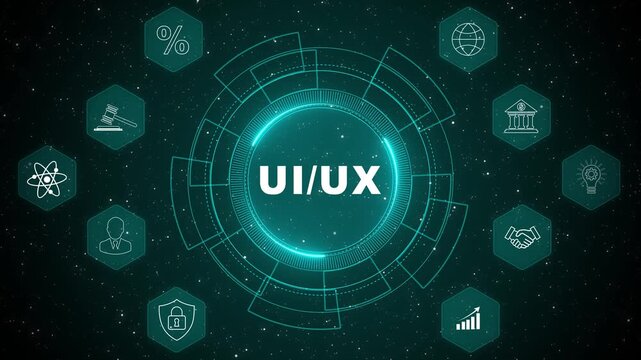Modern UI UX design interface concept with digital user experience icons and futuristic technology dashboard, glowing UI UX system animation background 4k