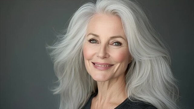 An old mature woman of sixty years old on a gray background