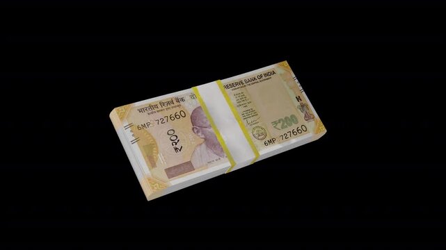 200 Indian Rupee money stack animation icon featuring realistic bundled banknotes. 5 second smooth motion with transparent background, perfect for finance videos, banking apps, UI design, 