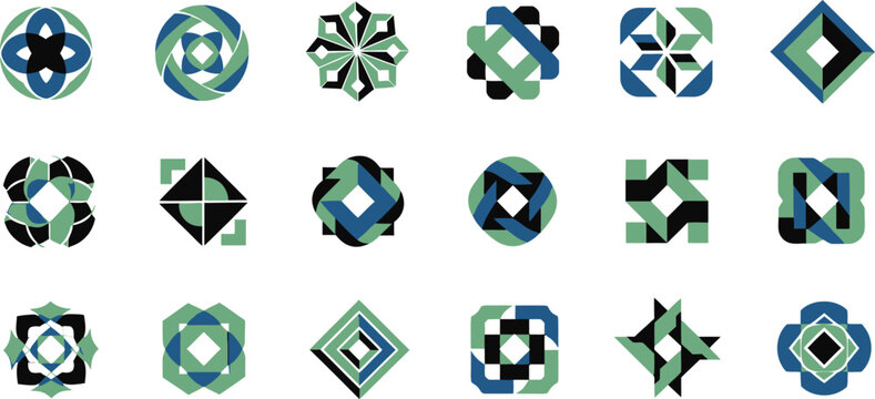 Modern geometric abstract logos in blue, green, and black