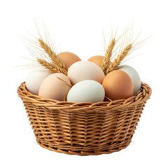 Wicker basket of farm fresh eggs and wheat stalks