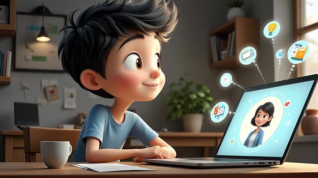 Young boy engages in an interactive online learning session with female teacher on laptop computer at home, educational technology