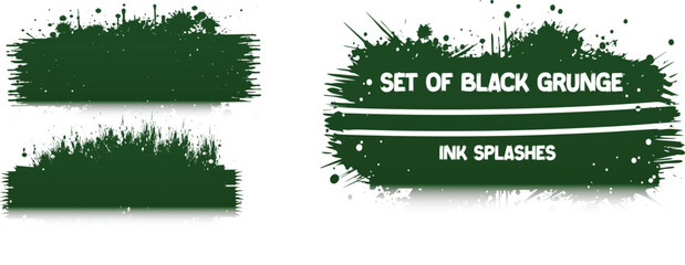 Vintage set of green grass and grunge banners featuring a floral vector frame design with ink splash textures and black paint splatter elements