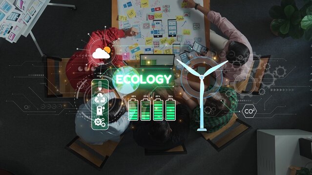 A group of diverse professionals engaged in a brainstorming session focusing on ecology and renewable energy solutions, complemented by modern digital graphics illustrating concepts. Raster
