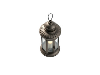 Ornate metal lantern with glowing candle flame isolated on a transparent background
