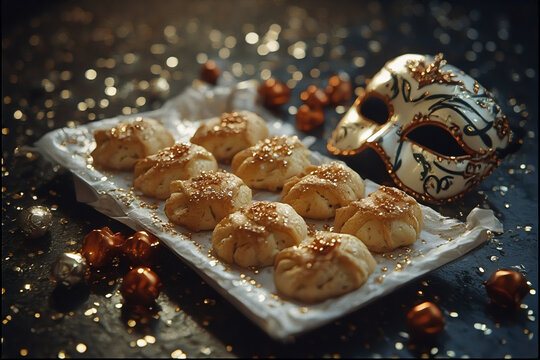 Hamantaschen cookies or hamans ears,noisemaker and mask for Purim celebration (jewish holiday) 