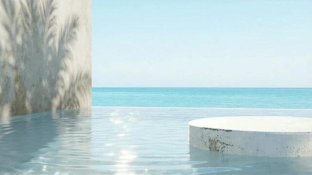 Empty minimalist podium on a serene infinity pool with clear ocean view and palm shadows under a bright sky
