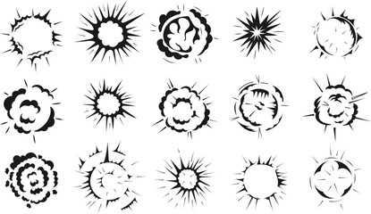 Comic explosion burst set with bold hand-drawn shapes, dynamic impact frames, smoke clouds, and starburst effects. High-contrast black and white elements ideal for comics, manga, pop art, stickers, po