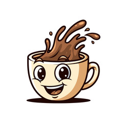 Happy Coffee Cup Character Splashing Hot Beverage with Joyful Expression