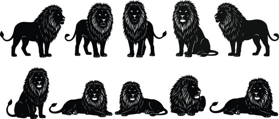 Collection of black lion silhouettes featuring various poses including standing, sitting, and lying down for safari wildlife nature design, zoo icons, and heraldry © JONI
