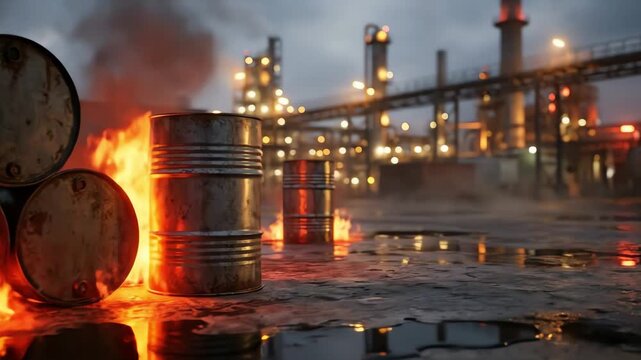 Burning industrial barrels on a hazardous plant ground at night, atmospheric low-angle scene of potential environmental disaster.