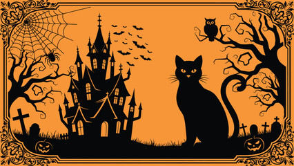 Halloween scene with black cat and spooky castle © Umana