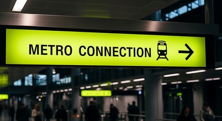 Fototapeta premium Bright yellow illuminated sign for METROCONECTION with train icon and arrow metro connection sign