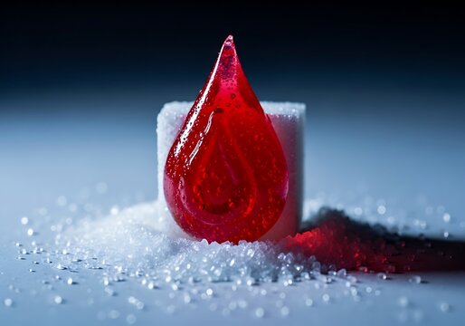 Red drop of blood or syrop on a white sugar cube, symbolizing the danger of sugar for health and the risk of diabetes.