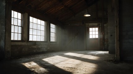 Atmospheric sunbeams illuminate the interior of a dusty abandoned industrial building highlighting weathered wooden beams concrete walls and grimy