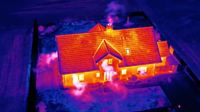 Aerial Thermal Imaging Scan Reveals Significant Heat Loss from Residential House at Night, Highlighting Energy Inefficiency