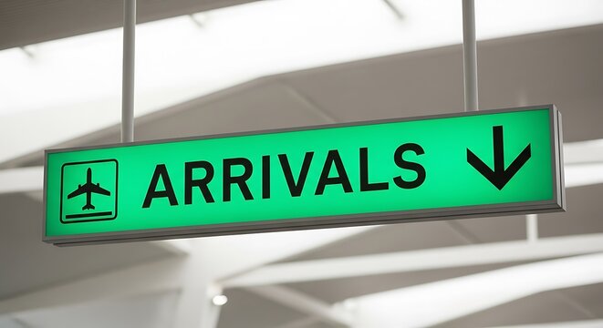Green Arrivals Sign with Airplane Icon and Down Arrow airport travel