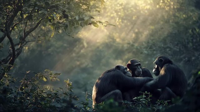 Three monkeys sit together in a forest during the day while light shines through the trees