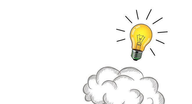 A yellow light bulb with rays emerging from it above a cloud thought