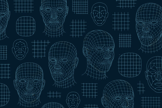 Wireframe models of human faces with grid patterns in dark colors showing design concepts and artistic ideas