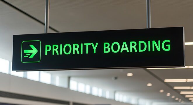Green illuminated priority boarding sign with airplane icon at airport image photo