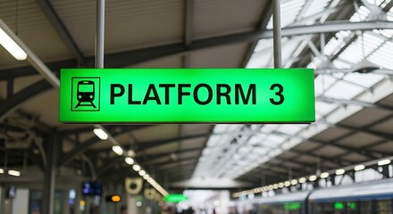 Obraz premium Green platform 3 sign with train icon hanging in a station illuminated