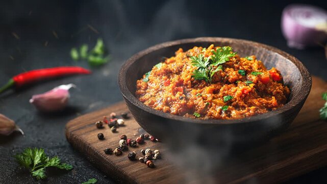 Indian food Baingan Bharta on dark background with smoke