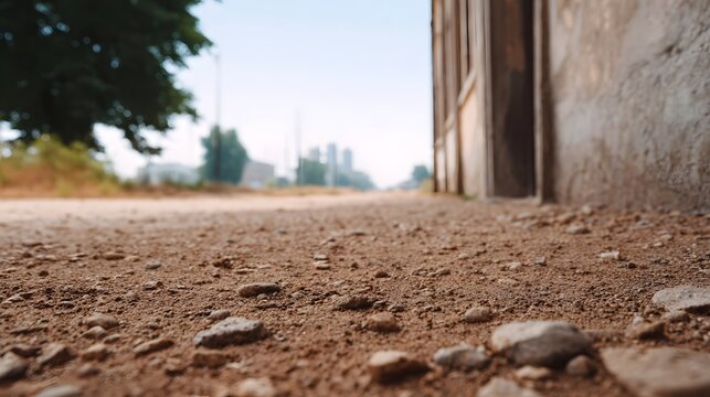 Low angle view of a dusty dirt path with weathered building wall and distant urban landscape